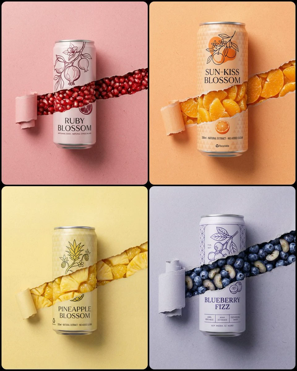 A photorealistic, highly detailed commercial product photograph of a standard aluminum [Type of Soda Can] centered against a minimal, textured [Background Color] paper background, with subtle fibers visible. A single, continuous horizontal paper-tear strip runs across the entire width of the frame, seamless from the far-right edge to the far-left edge. The torn channel cuts through the metal body of the can and continues across the background on both sides with a barely perceptible and minimal diagonal slope towards the upper-left. The tear channel is significantly broader, revealing a dense, glistening, and vibrant layer of [Description of Fruit Segments/Sacs/Berries] tightly packed inside. Near the extreme far-left end of this tear, the paper is neatly rolled into a tight, realistic coil that occupies almost the entire left margin. The can features a newly designed, minimalist branding: the upper portion has a stylized, abstract line-art illustration of [Fruit Branch/Plant] in a contrasting [Ink Color], set against a subtle matte geometric [Pattern Type] pattern on the can surface. Below this, the brand name "[Brand Name]" is printed in an elegant, modern dark typography, with smaller technical text "330ml - NATURAL EXTRACT" and a small "Recyclable" logo. A small, detailed graphic of the fruit is located below the torn path. The lighting is soft and cinematic, casting delicate drop shadows beneath the torn paper edges and the large left coil. 8k resolution, macro details on fibrous paper and glossy fruit texture.