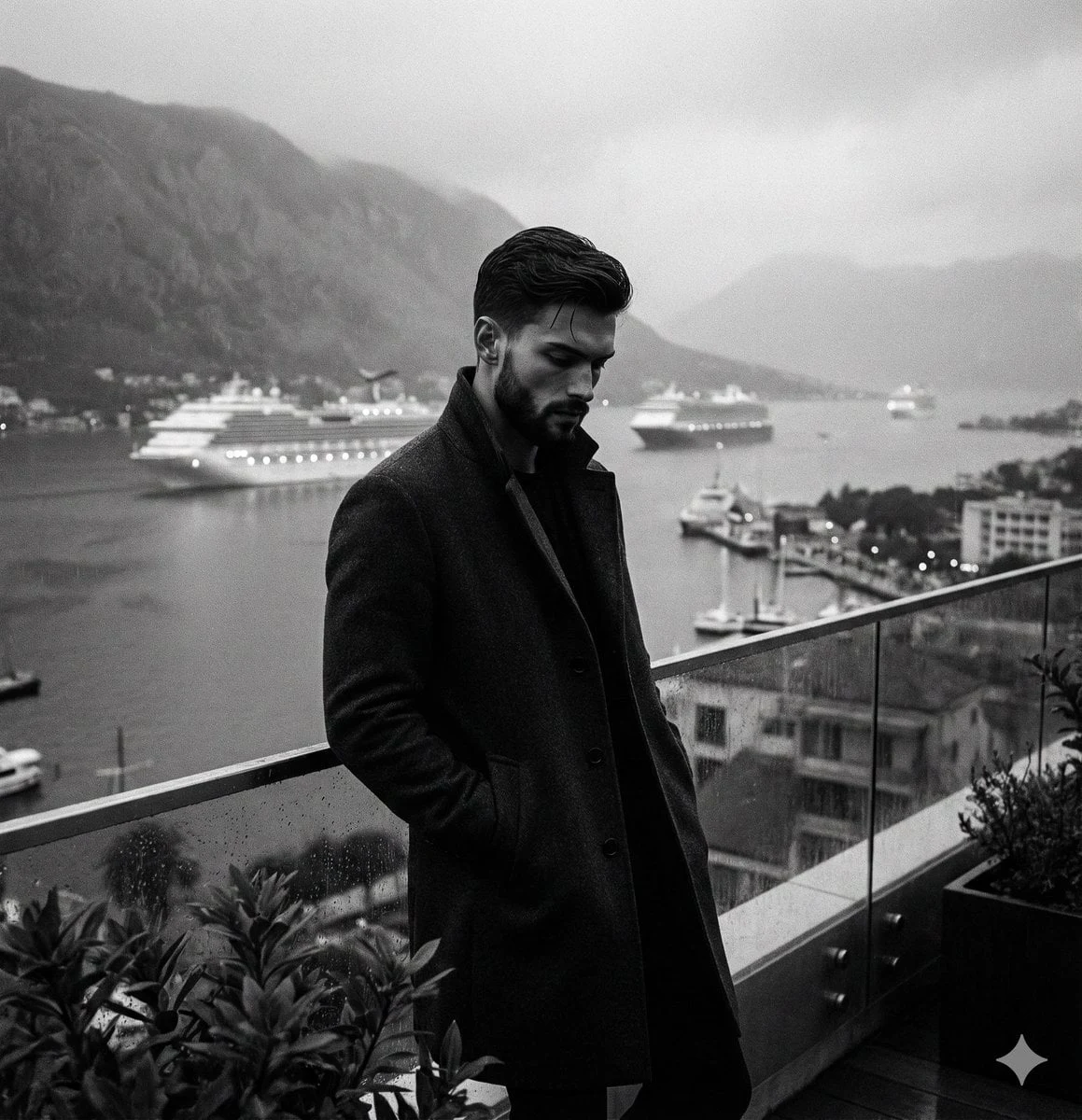 {
"metadata": {
"image_type": "photograph",
"primary_purpose": "editorial"
},
"composition": {
"rule_applied": "rule of thirds",
"aspect_ratio": "1:1",
"layout": "layered",
"focal_points": [
"Man in dark overcoat standing on the right side of the frame",
"Illuminated cruise ships floating in the misty bay"
],
"visual_hierarchy": "Eye starts on the dark, high-contrast figure of the man on the right, follows his downward gaze, then moves left across the glass railing to the textured plant, and finally drifts up to the illuminated ships and hazy mountains in the background",
"balance": "asymmetric"
},
"color_profile": {
"dominant_colors": [
{
"color": "Black",
"hex": "#0D0D0D",
"percentage": "25",
"role": "primary subject and foreground silhouettes"
},
{
"color": "Mid Gray",
"hex": "#808080",
"percentage": "45",
"role": "background bay, sky, and mountains"
},
{
"color": "Light Gray",
"hex": "#D3D3D3",
"percentage": "30",
"role": "fog, sky highlights, and water reflections"
}
],
"color_palette": "monochromatic",
"temperature": "cool",
"saturation": "black and white",
"contrast": "high contrast"
},
"lighting": {
"type": "natural window",
"source_count": "single source",
"direction": "diffused from above",
"directionality": "diffused",
"quality": "soft light",
"intensity": "moody",
"contrast_ratio": "high contrast (dramatic shadows)",
"mood": "mysterious",
"shadows": {
"type": "soft gradual edges",
"density": "deep black",
"placement": "under subject, obscuring facial details and coat folds",
"length": "short"
},
"highlights": {
"treatment": "subtle",
"placement": "on the water surface, ship lights, and plant leaves"
},
"ambient_fill": "present",
"light_temperature": "neutral"
},
"technical_specs": {
"medium": "digital photography",
"style": "realistic",
"texture": "grainy",
"sharpness": "slightly soft",
"grain": "film grain",
"depth_of_field": "deep",
"perspective": "straight on"
},
"artistic_elements": {
"genre": "portrait",
"influences": [
"Cinematic noir",
"Melancholic travel photography"
],
"mood": "calm",
"atmosphere": "Quiet, contemplative, slightly melancholic morning or evening with heavy atmospheric mist",
"visual_style": "minimal"
},
"typography": {
"present": false,
"fonts": [],
"placement": "none",
"integration": "subtle"
},
"subject_analysis": {
"primary_subject": "A man wearing a long dark overcoat and dress shoes, looking downward in thought",
"positioning": "right",
"scale": "environmental",
"interaction": "interacting with environment",
"facial_expression": {
"mouth": "closed smile",
"smile_intensity": "no smile",
"eyes": "looking away",
"eyebrows": "neutral",
"overall_emotion": "serious",
"authenticity": "candid"
},
"hands_and_gestures": {
"left_hand": "in pocket",
"right_hand": "in pocket",
"finger_positions": "relaxed",
"finger_interlacing": "none",
"hand_tension": "relaxed",
"interaction": "resting inside coat pockets",
"naturalness": "organic casual gesture"
},
"body_positioning": {
"posture": "leaning",
"angle": "45 degree turn",
"weight_distribution": "leaning right",
"shoulders": "relaxed"
}
},
"background": {
"setting_type": "outdoor",
"spatial_depth": "deep",
"elements_detailed": [
{
"item": "Glass balcony railing with metal handrail",
"position": "center",
"distance": "midground",
"size": "dominant",
"condition": "pristine",
"specific_features": "Transparent panels running horizontally across the frame"
},
{
"item": "Potted leafy shrub",
"position": "bottom left",
"distance": "foreground",
"size": "medium",
"condition": "thriving",
"specific_features": "Dense, small leaves catching subtle highlight reflections"
},
{
"item": "Smooth cylindrical planter pot",
"position": "bottom right",
"distance": "foreground",
"size": "small",
"condition": "pristine",
"specific_features": "Minimalist matte finish, containing another plant"
},
{
"item": "Illuminated cruise ships",
"position": "center",
"distance": "background",
"size": "small",
"condition": "pristine",
"specific_features": "Bright deck lights piercing through the fog"
},
{
"item": "Coastal mountains/hills",
"position": "top",
"distance": "background",
"size": "dominant",
"condition": "weathered",
"specific_features": "Silhouetted and hazy due to thick atmospheric fog"
}
],
"wall_surface": {
"material": "glass and metal",
"surface_treatment": "smooth",
"texture": "perfectly smooth",
"finish": "glossy",
"color": "transparent with gray reflections",
"color_variation": "gradient",
"features": "clean, modern architectural lines",
"wear_indicators": "pristine"
},
"floor_surface": {
"material": "tile",
"color": "mid-gray",
"pattern": "solid rectangular panels with distinct grout lines"
},
"objects_catalog": "Glass railing (midground horizontal), large leafy potted plant (bottom left foreground), sleek light-colored planter pot (bottom right foreground), three illuminated cruise ships (background bay), distant coastal town buildings (background right)",
"background_treatment": "gradient"
},
"generation_parameters": {
"prompts": [
"Cinematic black and white photograph of a man in a dark overcoat leaning against a modern glass balcony railing. He is positioned on the right, looking down thoughtfully with his hands in his pockets. In the background, a moody, fog-covered bay with large illuminated cruise ships and hazy mountains. Deep atmospheric perspective, film grain, soft diffused lighting, melancholic mood.",
"A moody monochromatic shot from a high-end coastal balcony. A silhouetted male figure stands resting against the glass barrier. Dense fog over a calm sea, dotted with the glowing lights of several distant ships. Potted plants frame the bottom corners. Melancholic, minimalist, rich gray tones, Leica photography style."
],
"keywords": [
"black and white",
"moody",
"fog",
"overcoat",
"balcony",
"cruise ships",
"cinematic",
"contemplative"
],
"technical_settings": "ISO 400, f/5.6 to maintain background visibility while keeping subject sharp, shutter speed 1/125s, shot on a medium focal length (e.g., 50mm).",
"post_processing": "Converted to monochrome, contrast adjusted to create a strong silhouette for the subject while maintaining soft midtones in the foggy background, added subtle film grain for texture."
}
}