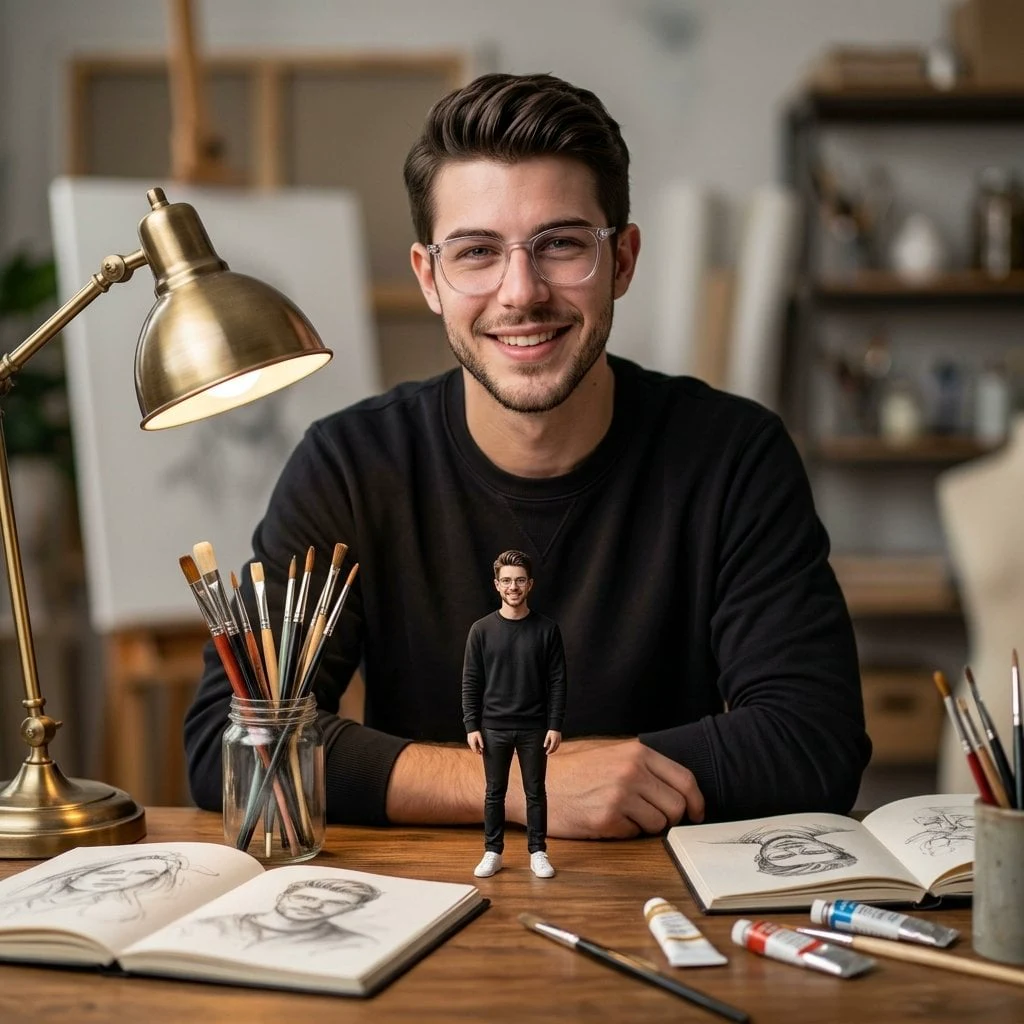 Ultra-realistic cinematic portrait of a young man sitting at a wooden desk in a cozy art studio, smiling warmly at the camera, with a tiny miniature version of himself standing on the table in front of him, perfectly detailed like a small figurine, surrounded by paint brushes, sketches, and art tools, warm ambient lighting from a desk lamp, shallow depth of field, soft bokeh background, creative storytelling composition, scale contrast illusion, hyper-detailed textures, 50mm lens, photorealistic, 8K.