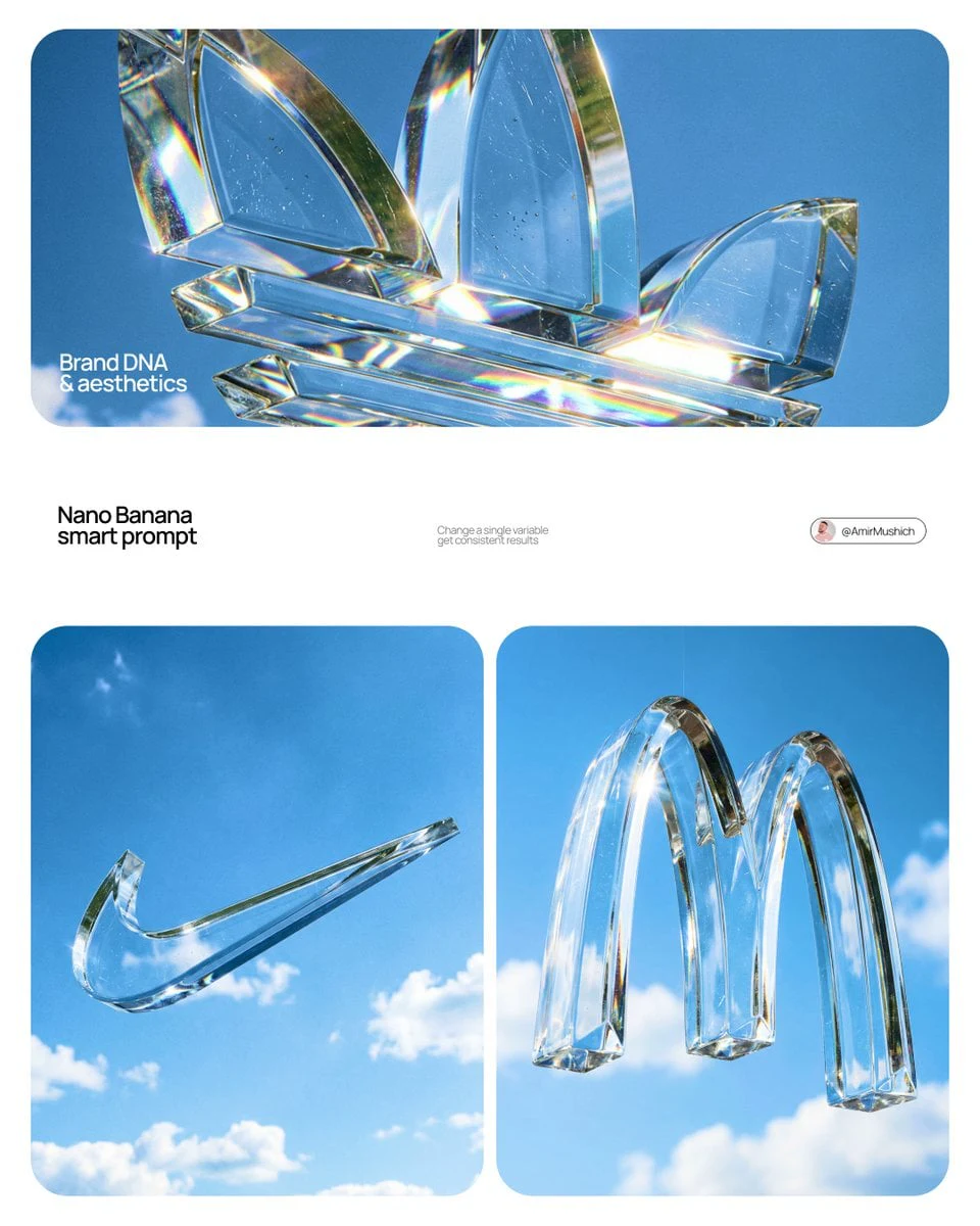 Act as a High-End Product Photographer and CGI Artist.

PHASE 1: SUBJECT & LOGIC
Generate a massive, perfectly centered, three-dimensional physical sculpture of the official, unaltered corporate logo for [BRAND NAME]. The sculpture must strictly adhere to the brand’s precise logo geometry and proportions (1:1 from brandbook). The sculpture is suspended in mid-air. Autonomously identify the exact official shape and structure of the [BRAND NAME] logo and render it as a single, flawless glass object without any modifications.
PHASE 2: MATERIALITY (GLASS)
The entire logo is made of hyper-realistic, optical-grade crystal glass (not water, not gel). The material is solid, colorless, and boasts high clarity with a high refractive index. It must look heavy and монолитное (monolithic). The glass structure contains subtle, photorealistic microscopic flaws: fine polished scratches on the surface and minor internal inclusions (dust particles/seed bubbles, very few) to avoid “CGI plastic.” The edges must be precision-beveled and fire-polished.

PHASE 3: ENVIRONMENT & CAUSTICS
The logo is suspended against a strictly clean, bright blue sky with sparse, naturally defined white cumulus clouds. NO land, NO trees, NO palms. The background is purely atmospheric. The focus is entirely on the glass logo. Critically render hyper-realistic, complex glass caustics: intense, sharp patterns of focused light and color (refractions of the blue sky) cast inside and onto the surface of the glass form due to the sunlight passing through it.

TECH SPECS
Rendered with Arnold or Octane. Phase One XF, 120mm Macro lens. Aperture f/5.6 for sharp depth across the entire glass sculpture. Intense, direct sunlight (hard lighting) to maximize caustics. Global illumination, ray-traced refractions (double-sided geometry), and chromatic aberration emulation (subtle) for optical realism. Fine grain film emulation (Fujifilm Velvia 50).