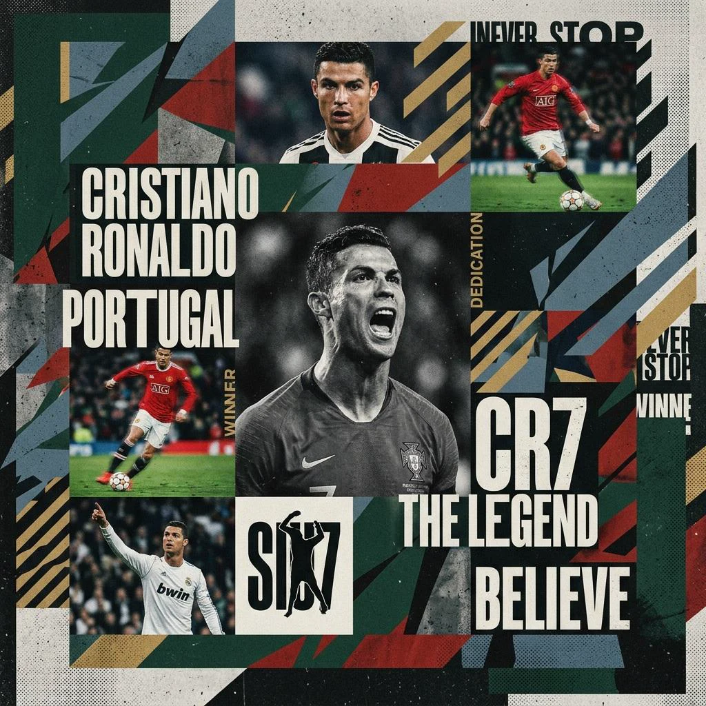 Create a digital modern maximalism style sports collage of [TEAm Name] [Player name] visuals with grainy textures, abstract geometric shapes, dynamic grid layout, minimal background, contemporary editorial composition, inspired by [BRAND NAME ex Nike...] campaigns and modern sports graphic design, strong visual rhythm, bold and emotional atmosphere. Post-process film grain, and specially cinematic color-graded tones for serious intensity.