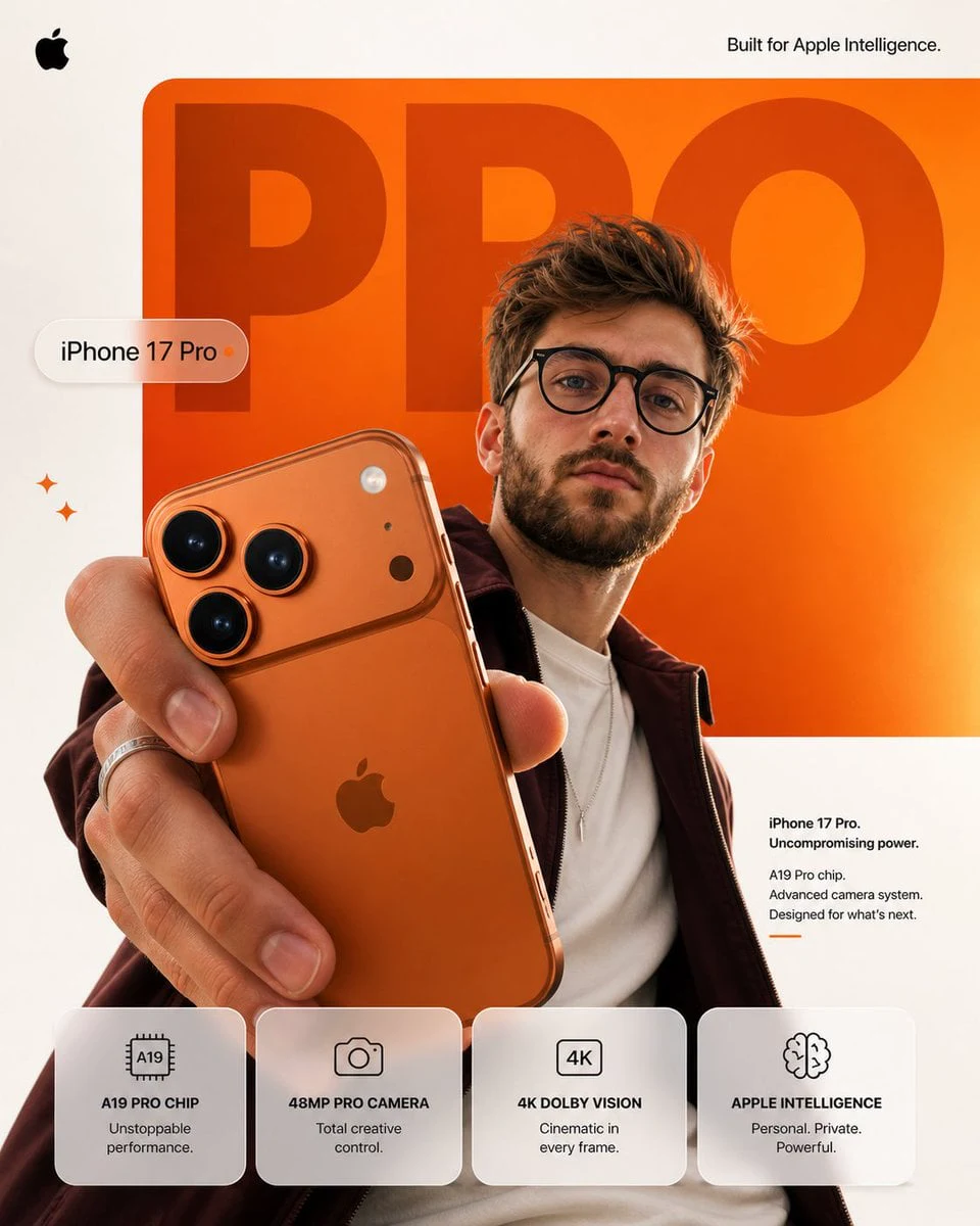Create a premium Apple-style smartphone advertisement poster in 4:5 vertical format, ultra-high resolution, with a clean, modern, global campaign aesthetic.

Scene & Composition
A minimal white studio background with a large rounded rectangular orange gradient panel placed behind the subject, slightly off-center. The gradient should feel soft and luminous, not flat.

In the background, integrate oversized typography:
“PRO”

very large, partially cropped by frame edges
deep orange tone, slightly darker than the background panel
soft shadow and subtle depth, not overly graphic

Subject (Male Model)
A stylish young male model (based on reference):

light brown textured hair
short beard
round black glasses

Expression & Pose:

calm, confident, neutral expression
direct eye contact
shot from a slightly low angle
one hand extended toward the camera holding the phone
body slightly angled for depth

Outfit:

deep maroon jacket
clean off-white t-shirt
minimal accessories (subtle ring/chain)

Product (Hero Focus)

iPhone 17 Pro – Titanium Orange finish

placed in extreme foreground using forced perspective
slightly tilted to showcase camera depth

Details:

ultra-realistic triple camera lenses
accurate reflections and glass depth
brushed titanium edges with subtle highlights
soft Apple logo reflection
fine material texture (no plastic feel)

Lighting

Keep it soft and premium:

key light from front-left (clean skin tones, smooth highlights)
warm rim light from right (defines edges of phone and face)
subtle orange bounce from background
soft shadows, no harsh contrast

UI & Graphic Elements

small Apple logo (top left)
“Built for Apple Intelligence.” (top right, thin font)
floating glass-style pill:
    “iPhone 17 Pro”
2–3 small sparkle accents 
very subtle grain for realism

Bottom Section (Features)

Four rounded glass cards with minimal icons:

A19 Pro Chip
    Unstoppable performance
48MP Pro Camera
    Total creative control
4K Dolby Vision
    Cinematic in every frame
Apple Intelligence
 Personal. Private. Powerful

Bottom Right Text

Small clean paragraph:

iPhone 17 Pro. Uncompromising power.
A19 Pro chip. Advanced camera system.
Designed for what’s next.

Camera & Render Feel

50mm lens look
shallow depth of field
slight natural lens distortion
HDR lighting
ultra-real textures (skin, metal, glass)

Overall Direction

Make it feel like:

shot in a real studio
not over-designed
premium but effortless

Nothing should look forced or overly perfect.