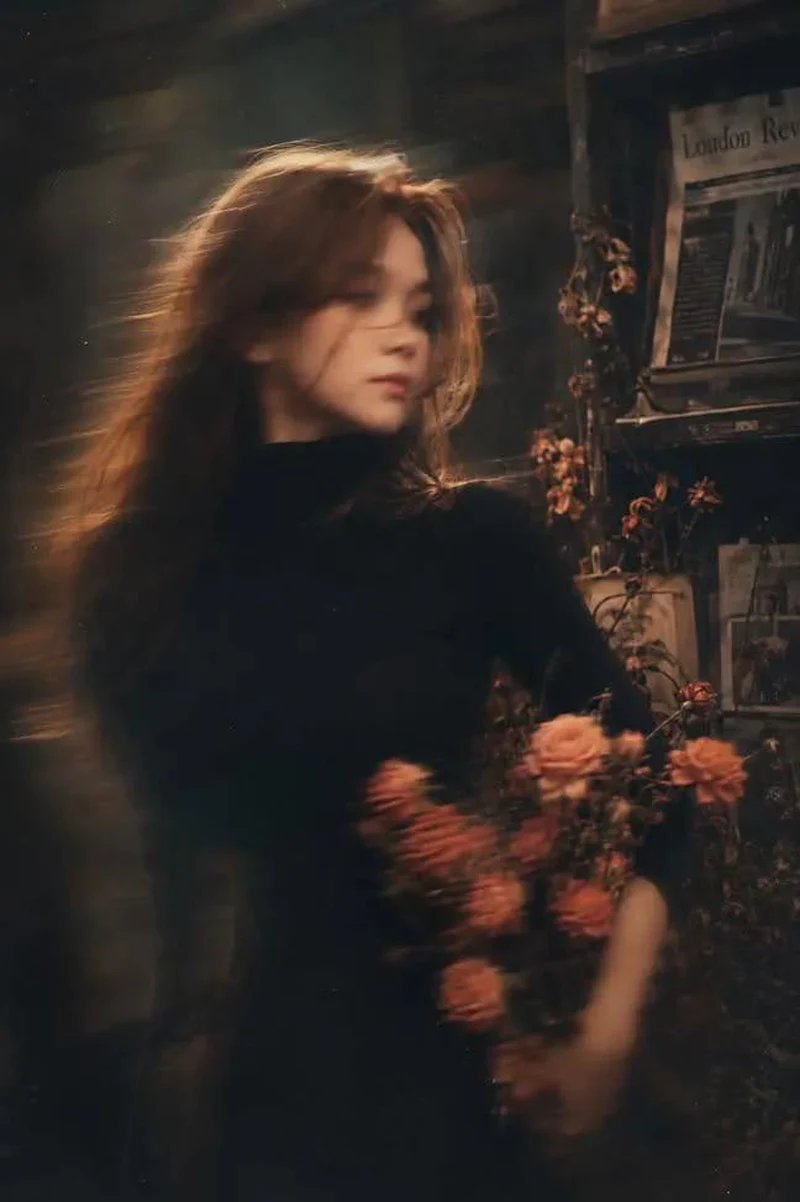 Use the uploaded person as the only subject, strictly preserve real facial features and identity. Vintage Fujifilm film photography, strong film grain, old newspaper kiosk, coral pink flowers, warm golden-hour light, cinematic storytelling. Holding a bouquet, looking back over shoulder, wind-blown hair, soft smile. Slow shutter panning, motion blur, double exposure, dreamy bokeh, nostalgic atmosphere.