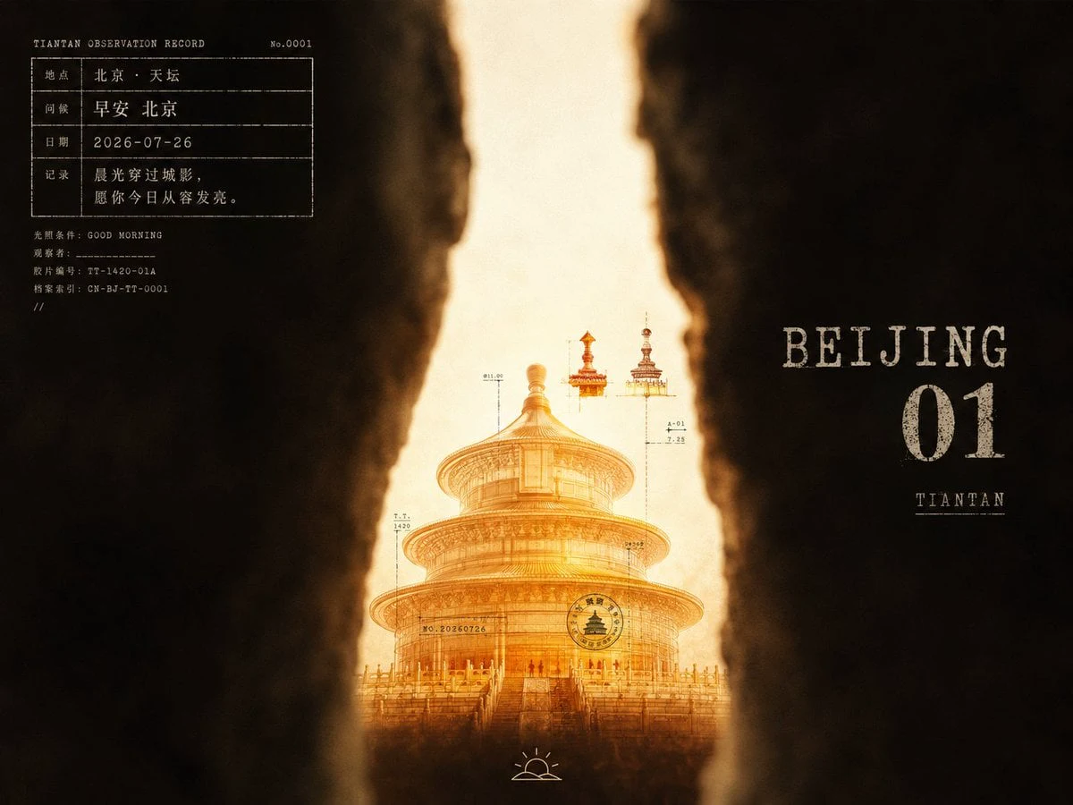 围绕[主题对象]展开暗隙窥视式广告画面：两侧用近景失焦的深色遮挡物压成厚重前景，边缘柔软、起伏、不规则，只在中轴附近留下狭长亮缝，让主题视觉载体被局部照亮并从缝隙中显现；主体放在下半段偏中位置，尺度克制但清晰，顶部或上缘设置少量由主题派生的细小附着物，形成轻微的向上节奏。背景是暖白到奶油色的背光场，四周被深咖黑阴影吞入，整体低照度、局部高亮，像隔着纸板裂口与旧实验室灯箱观看。颜色由主题自动派生：大面积暗部保持低明度、低饱和、微暖的棕黑或主题等价暗色；亮缝保持高明度、干净柔和的乳白或主题等价光色；主体使用中等以上饱和度的透明或半透明主题色，下部形成更深、更暖的沉积感，上部保留清亮、轻盈、洁净的发光层，少量高饱和点缀集中在上缘。画面叠加小型实验记录文字：左上以白色打字机感小字和细线表格构成轻量资料块，字距略松、边缘有轻微油墨破损；右侧中部放置更大的斑驳白色主题命名文字和单个数字标记，像旧标签被擦淡，只承担节奏与品牌感，不复制现成词句；主体表面可有极小的黑色编号、短线、圆章式记号。底部中央加入简笔线描小图标，像使用说明或观察者符号，线条朴素，面积很小。整体保留摄影拼贴感：柔焦遮挡、轻微压暗边框、淡颗粒与低清晰度压缩痕迹只作用于光影边缘 and 白字，不把洁净亮面弄脏；若暗部不形成裂缝、亮缝不包住主体、文字变成整齐商业排版，画面就失去这套风格。