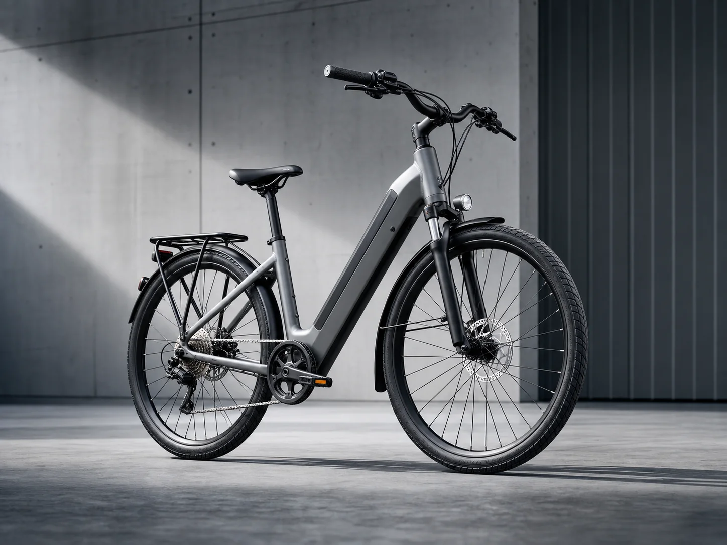 Create a premium electric bicycle ad. The bicycle is centered in a bright cool-gray studio. The frame geometry, tire texture, brakes, chain, and metal reflections are all clear and accurate. Use a restrained composition and realistic contact shadows. Do not include text or brand logos.
