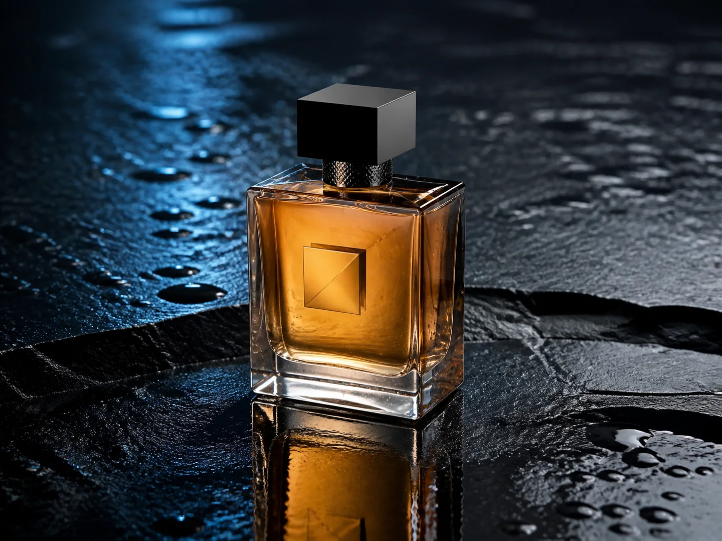 Keep the bottle shape, unbranded geometric markers, amber liquid, and camera angle from the reference image, and only replace the white studio background with a wet black stone countertop. Add cool rim light from behind-left, realistic water droplets, and natural reflections. Keep the product centered and clearly visible.