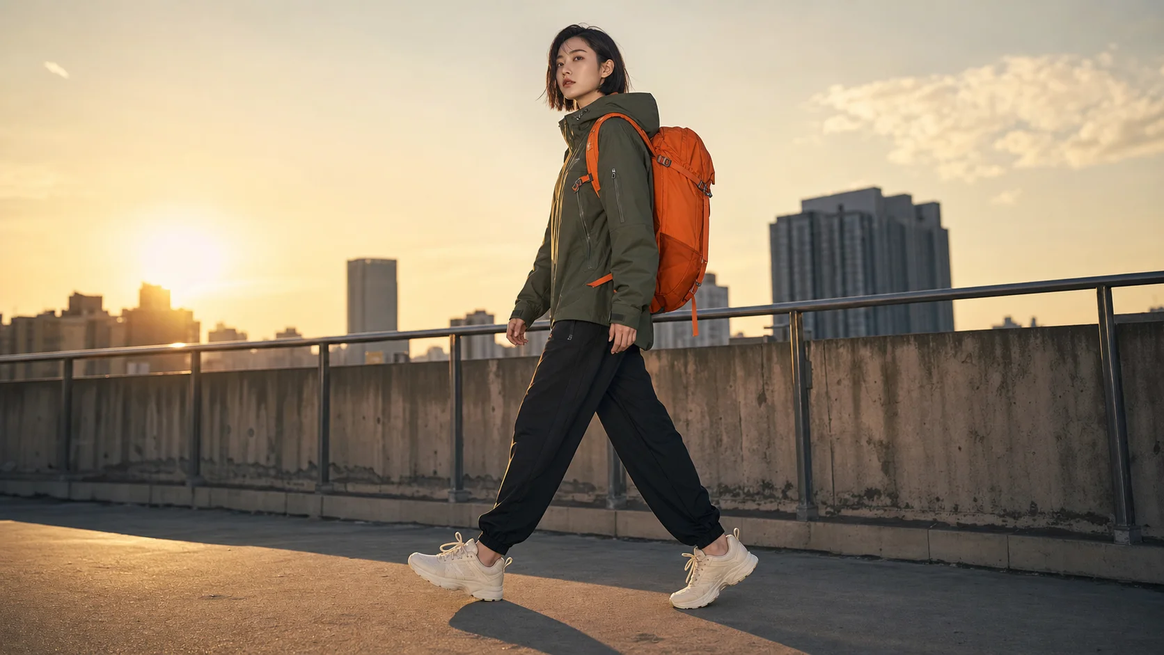 Use uploaded model, jacket, sneakers, backpack, and rooftop references to generate a 16:9 outdoor brand ad. The model should accurately wear the referenced clothing and carry the referenced backpack, with all product colors, materials, and key structures preserved. Apply a unified dusk light, perspective, and shadows for a realistic photographic look.