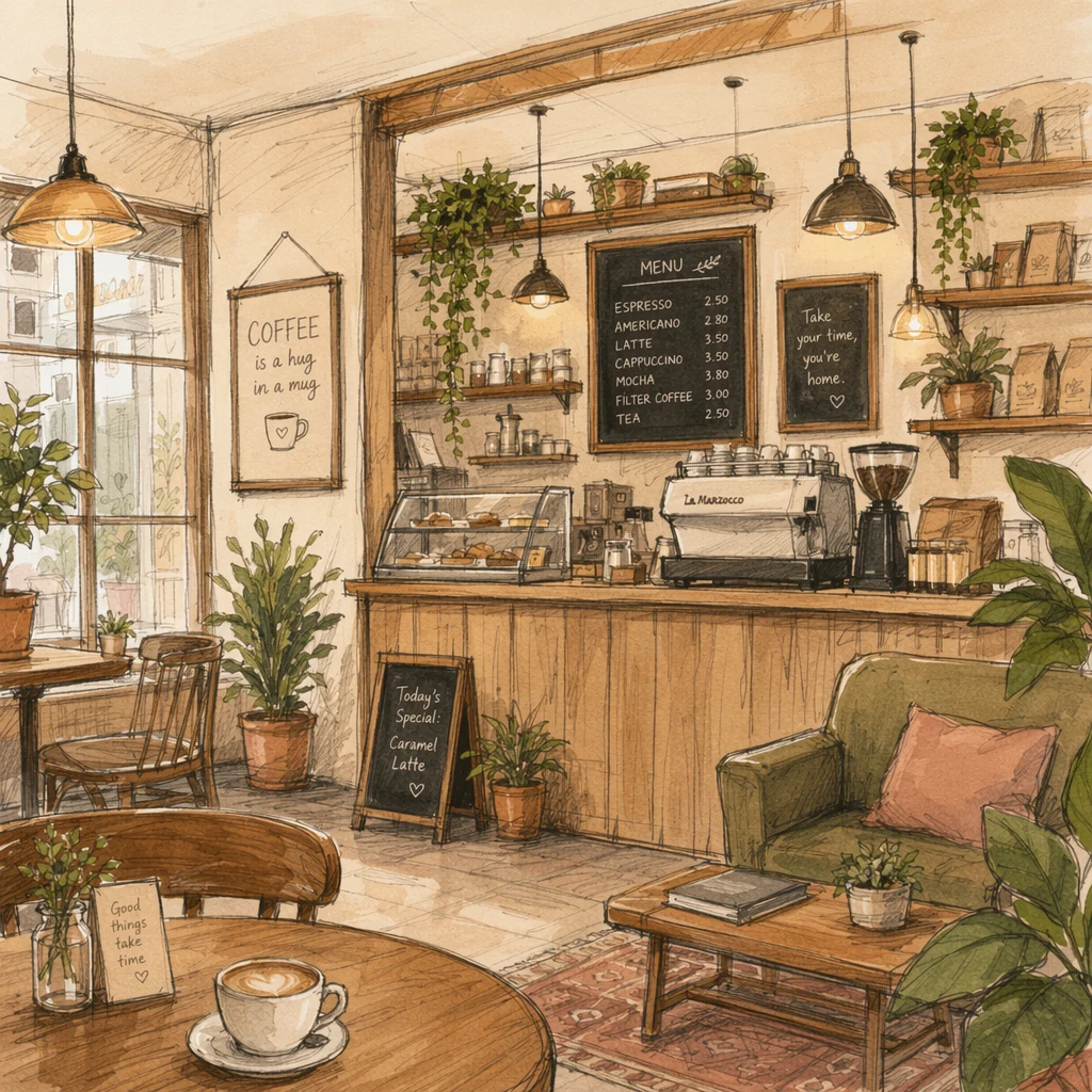 Quick concept sketch: a cozy coffee shop interior with warm lighting, wooden furniture, plants on shelves, hand-drawn illustration style, soft pastel palette.