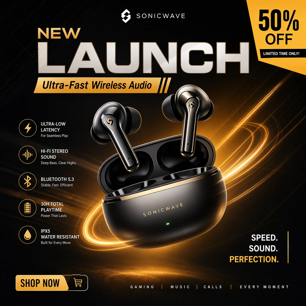 Professional product marketing poster for premium wireless earbuds: hero product shot floating at center with dynamic amber-gold light streaks, bold headline NEW LAUNCH in modern sans-serif, subheadline Ultra-Fast Wireless Audio, gradient dark background with subtle geometric patterns, studio-quality reflections, promotional badge 50% OFF corner tag, magazine-quality layout, vibrant e-commerce poster design, 1:1 aspect ratio.