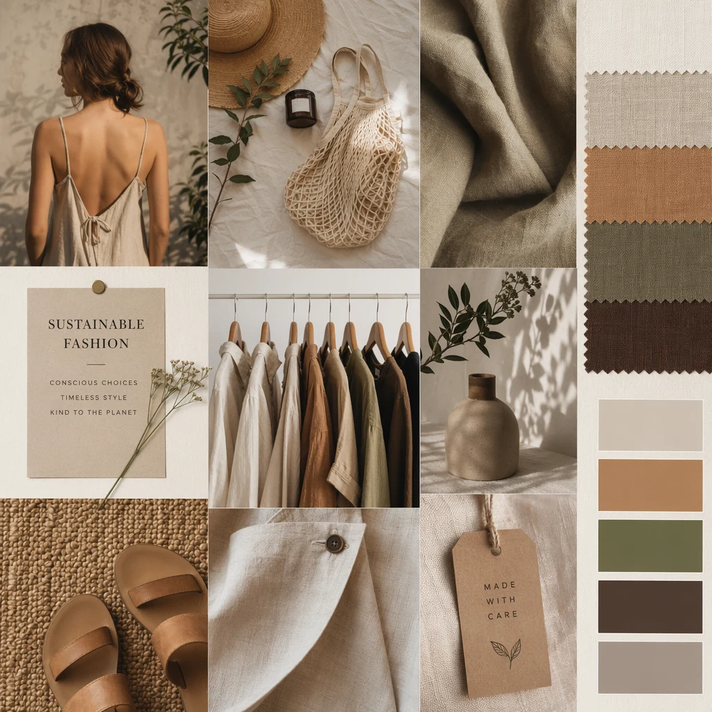 Mood board collage: sustainable fashion theme — earth tones, linen textures, natural light, minimalist flat lay with accessories and fabric swatches.